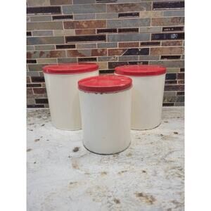 3 Vintage Canisters, Metal Kitchen Tins Red & Cream Farmhouse Primitive